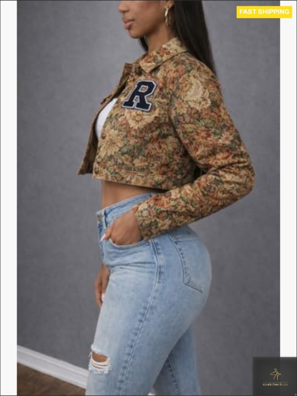 Cropped Jacquard Jacket Textured Floral Collared Button Up Lightweight with - Picture 4 of 7